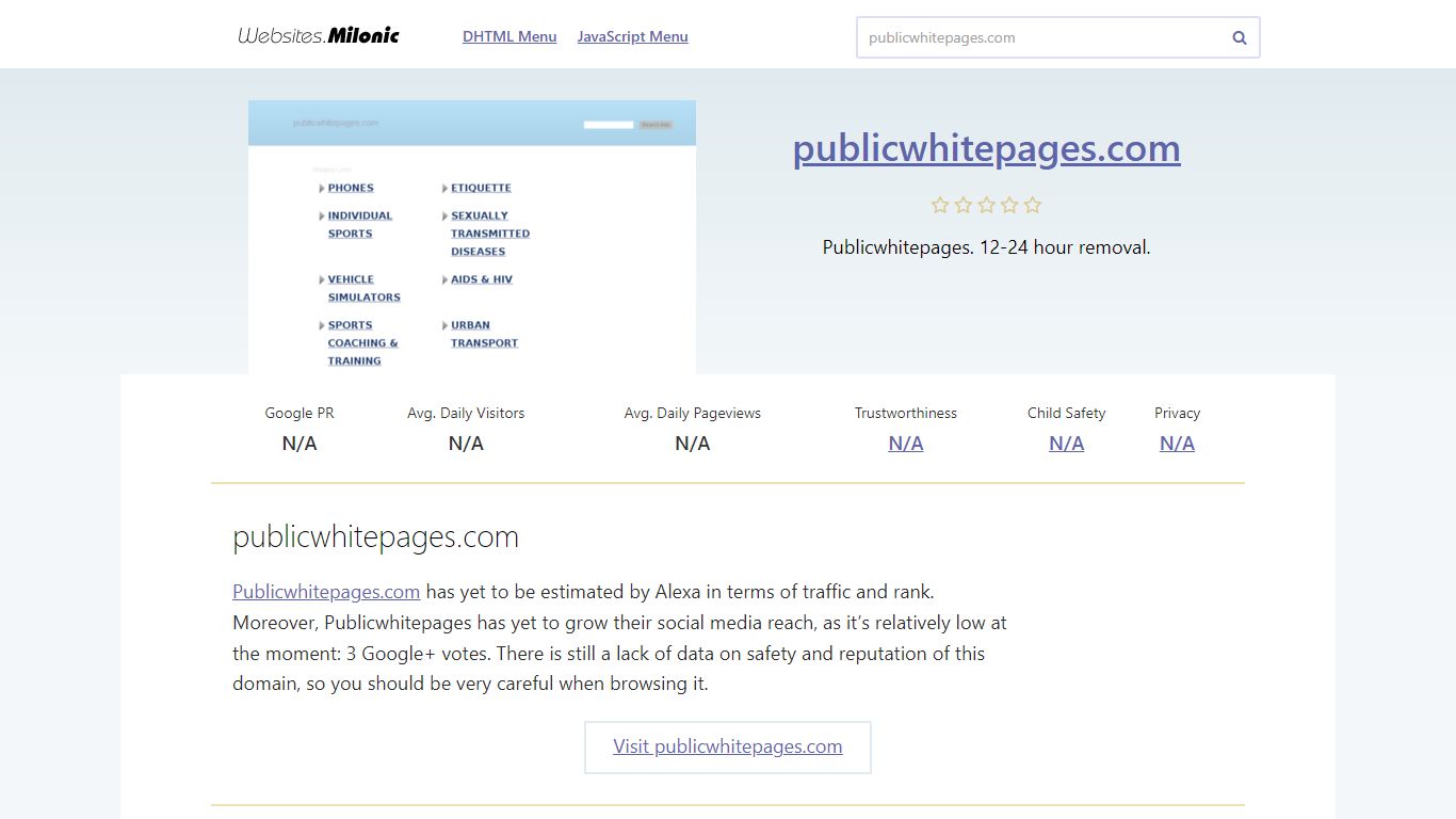 Publicwhitepages.com website. Publicwhitepages.com. - Milonic